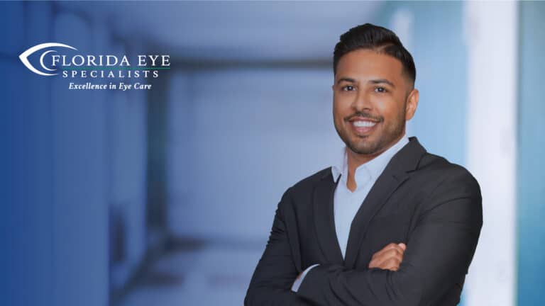 A photo of Dr. Omar Gayasaddin with a blue shadow over the image with a Florida Eye Specialists logo in the top left corner.