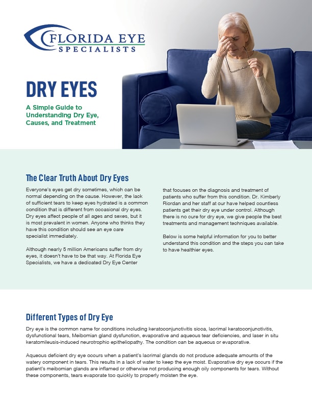 Florida Eye Specialists Dry Eye Guidebook Cover featuring a senior woman pinching her eyes in discomfort