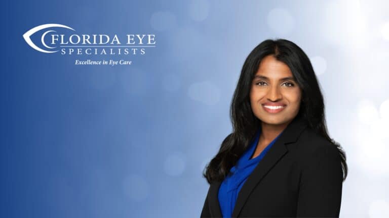 Florida Eye Specialists doctor Joanne Francis set against a blue gradient and shimmering white background