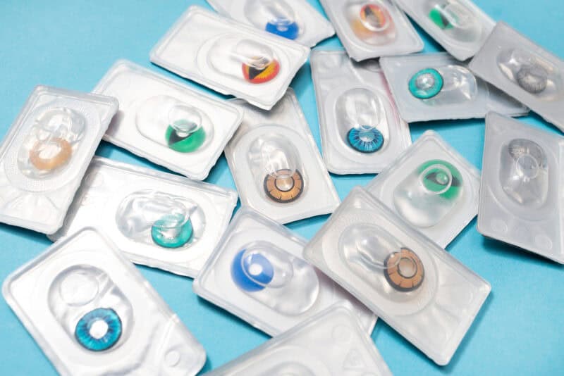 Bright-colored contact lenses for Halloween. Lots of lenses for eyes in different colors.