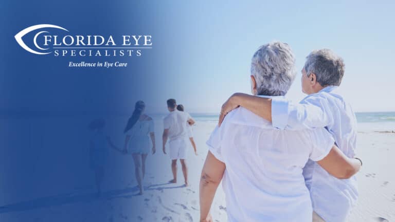 Family walking on the beach. The image has a blue shadow overlay with the Florida Eye Specialists logo in the top left corner.